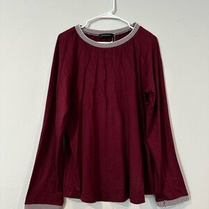 NWT Burgundy pleated neckline Size XL tunic with striped collar & cuffs @ wrist